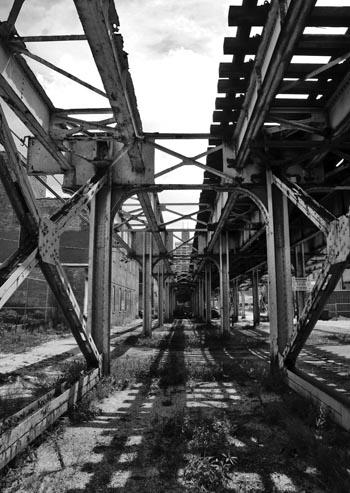 under the traintracks in black and white in chicago illinois